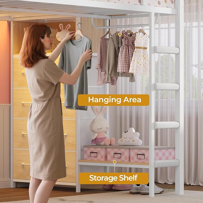 ADORNEVE Full Over Twin Bunk Bed with 8 Storage Drawers, Metal Loft Bed with Led Lights & Storage Shelves, Bunk Beds Twin over Full Size with 13.4" H Safety Guardrail & Ladder, for Kids & Teens, White