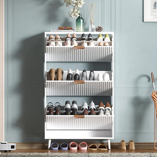 Shoe Cabinet Storage,Modern Freestanding Organizer with 3 Flip Drawers,Narrow Shoe Rack Cabinet for Entryway,White