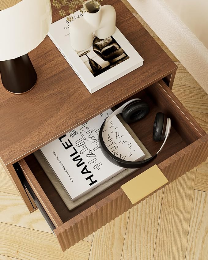 Aienvey Night Stand, Modern Nightstand with Drawers, Bedside Table, Gold Small Side Table for Bedroom, Living Room End Table (Walnut Stripe, 2 Drawers)