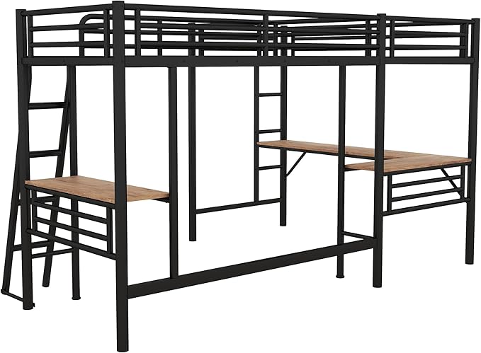 MERITLINE Metal L-Shaped Loft Bed for Two Kids Twin Size High Loft Bed Frame with Two Built-in Desks Underneath for Boys Teens, Black
