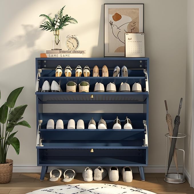 Fsbecl Shoe Storage Cabinet for Entryway with 2 Flip Drawers, Narrow Wood Shoe Cabinet with Fluted Panel, Freestanding Hidden Shoe Organizer for Foyer, Hallway (Blue - with Shelf)