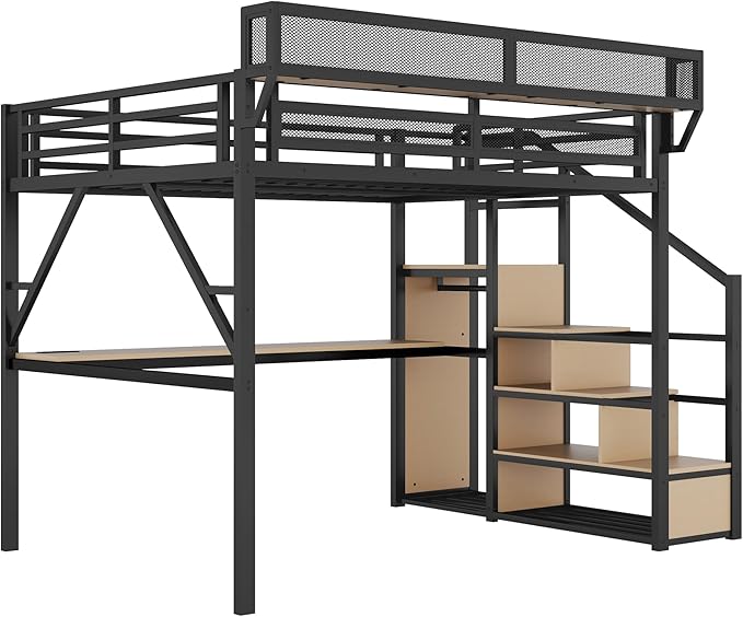 Mirightone Queen Loft Bed with Desk and RGB Light, Metal Loft Bed Frame with Stairs and Bedside Shelf, Heavy-Duty Lofts Beds with Storage Shelves and Wardrobe for Kids Teens, Black