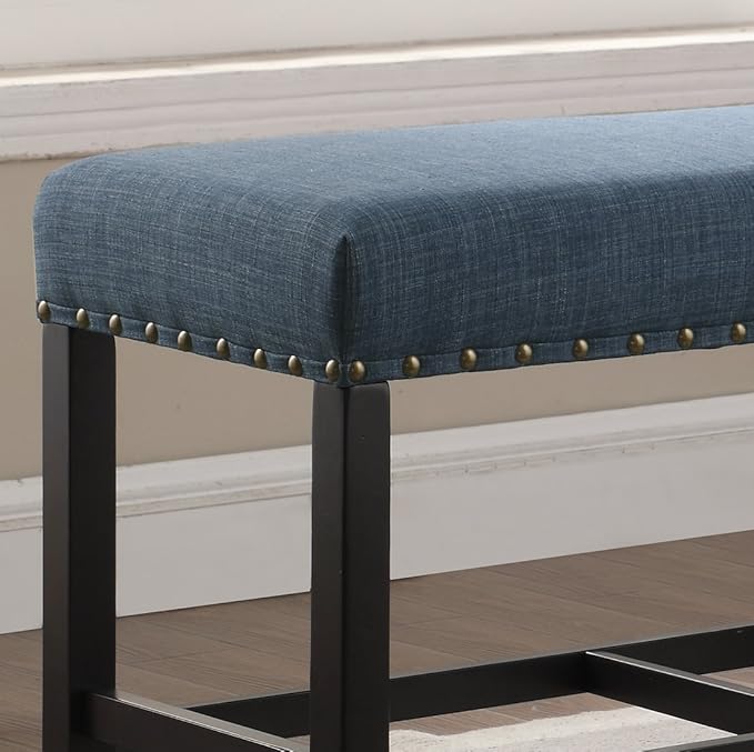 Roundhill Furniture PB162BU Biony Fabric Counter Height Dining Bench with Nailhead Trim, Blue