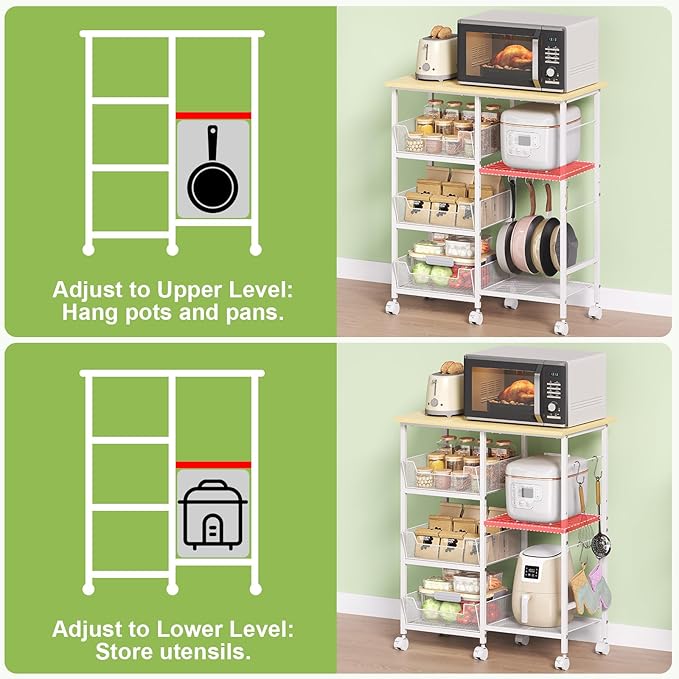 Rolling Kitchen Storage Microwave Cart & Kitchen Island on Wheels, Adjustable Shelf, Lockable Wheels, 27.75" L × 15.35" W, Bakers Rack Microwave Stand with Tilt-Out Baskets, Kitchen, Coffee Bar, White
