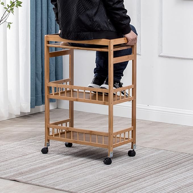 3-Tier Rolling Home Bar Serving Cart Mobile Kitchen Serving Trolley Cart with Removable Trays Bamboo Wine Rack with Wheels Bar Dining Room Tea Wine Holder Serving Cart Furniture