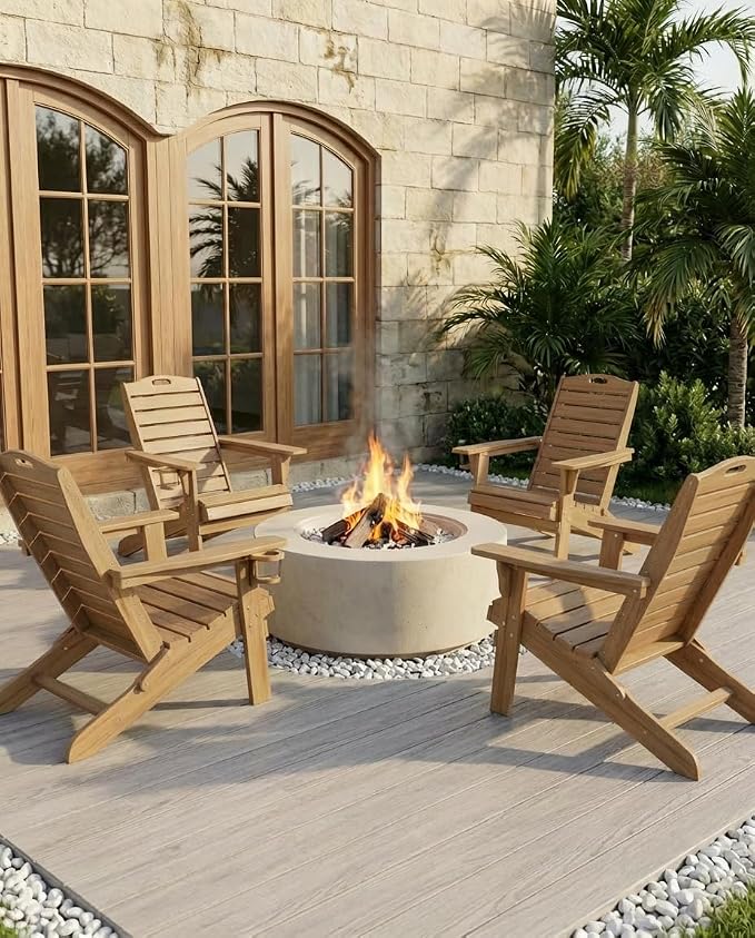 Adjustable Adirondack Chairs Set of 2 with Retractable Ottoman, HDPE Folding Adirondack Chair with Cup Holders, Weather Resistant for Backyard, Poolside & Fire Pit (Teak)