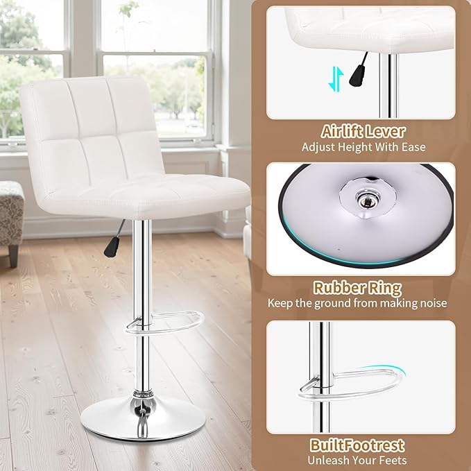 BestOffice Bar Stools Set of 2, Adjustable PU Leather Swivel Barstools, Modern Counter Stools with Back and Footrest, Counter Height Barstools for Bar, Kitchen and Dining Room