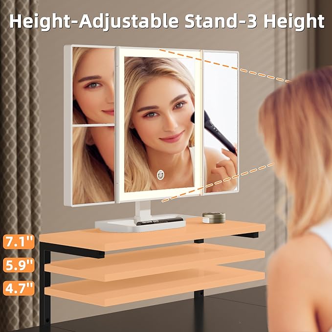 HIGDBFE Small Makeup Vanity Desk 27.5''W with Mirror and Lights, Vanity Desk with 3 Fabric Drawers and Height-Adjustable Stand, Vanity Table for Girls Gifts, Bedroom and Small Spaces, Black