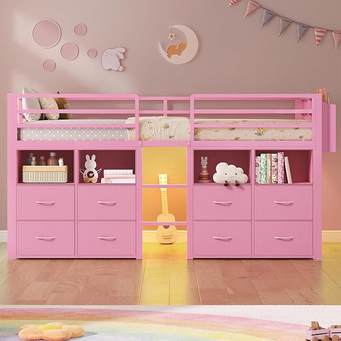 ADORNEVE Low Loft Bed Twin Size with 8 Storage Drawers, Twin Loft Bed with Bookcase and LED Lights, Metal Kids Loft Bed with 14" H Safety Guardrail, Under-Bed Play Space, No Box Spring Needed, Pink
