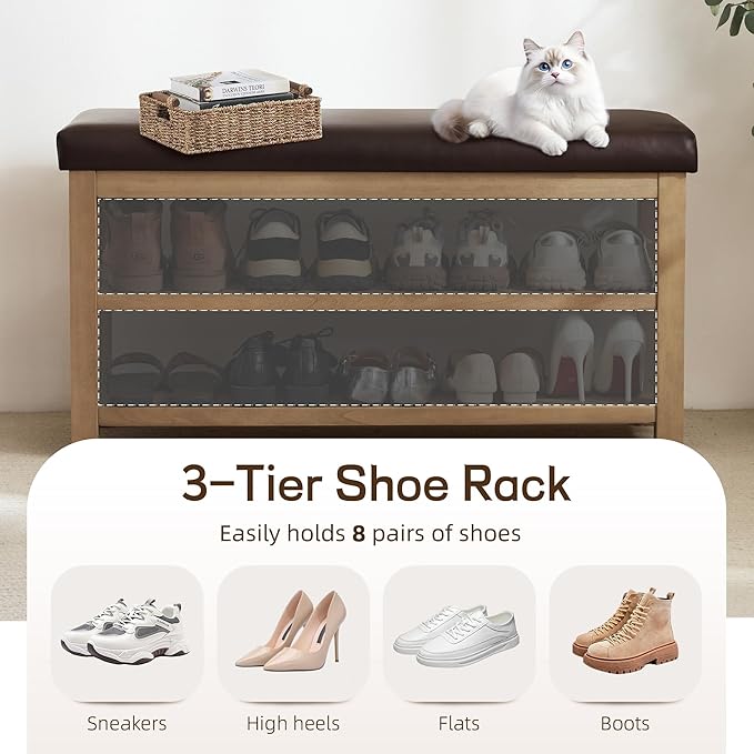 Zihanhome Shoe Rack Bench with Leather Cushion, 2 Tier Solid Wood Storage Bench, Mid-Century Modern Shoe Bench for Entryway, Hallway, Closet, Front Door Entrance, Foyer (Dark Brown, 39.4")