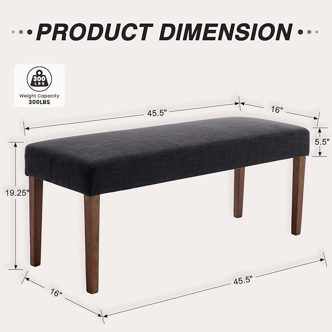 HNY Farmhouse Upholstered Dining Bench Seat, 45" Linen Entryway Bench with Natural Wood Legs, Mid Century Modern End of Bed Bench for Kitchen Bedroom Living Room Hallway, for 2-3 Person, Charcoal