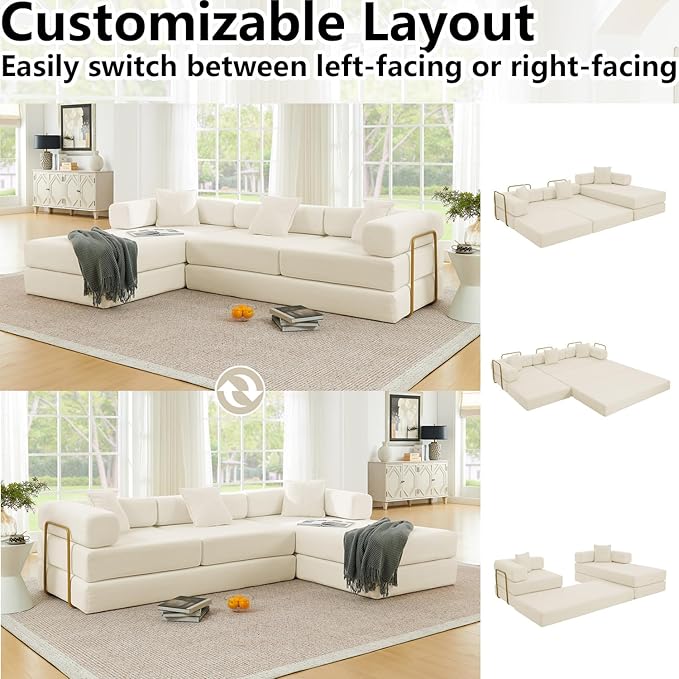 HANXIN 108" Modular Sectional Sofa, Futon Convertible Sofa Bed,Oversized Corduroy Boneless Couch for Living Room,Floor Loveseat Sleeper with Pull Out Bed,Free Combination,No Assembly Required (Beige)