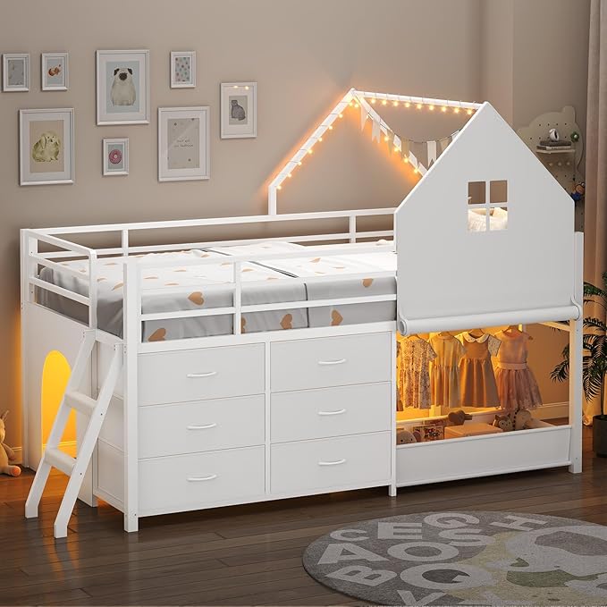 UPOSOJA Twin - Low Loft Bed with Kids Clothing Rack, Kids Loft Bed, Loft Bed with Tent, Toy Storage Box, Safety Guardrail, LED Light, Under-Hide and Seek Bed Play Space (White)