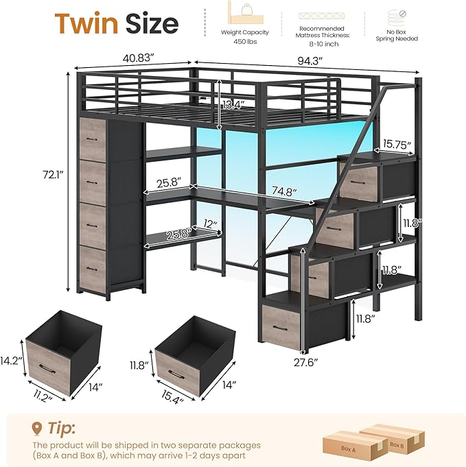DICTAC Loft Bed Twin Size with Storage Stairs,Desk & Power Strips,Metal Twin Loft Bed with LED Lights,8 Storage Drawers & Open Shelves,Loft Beds for Kids,Teens,Adults with Safety Guardrail,Black+Grey