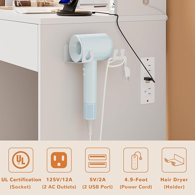 wanan Vanity Desk with Mirror and Lights 3 Colors, Girls Vanity Set with Power Outlet, Compact Vanity Table for Small Space, White Vanity Desk only