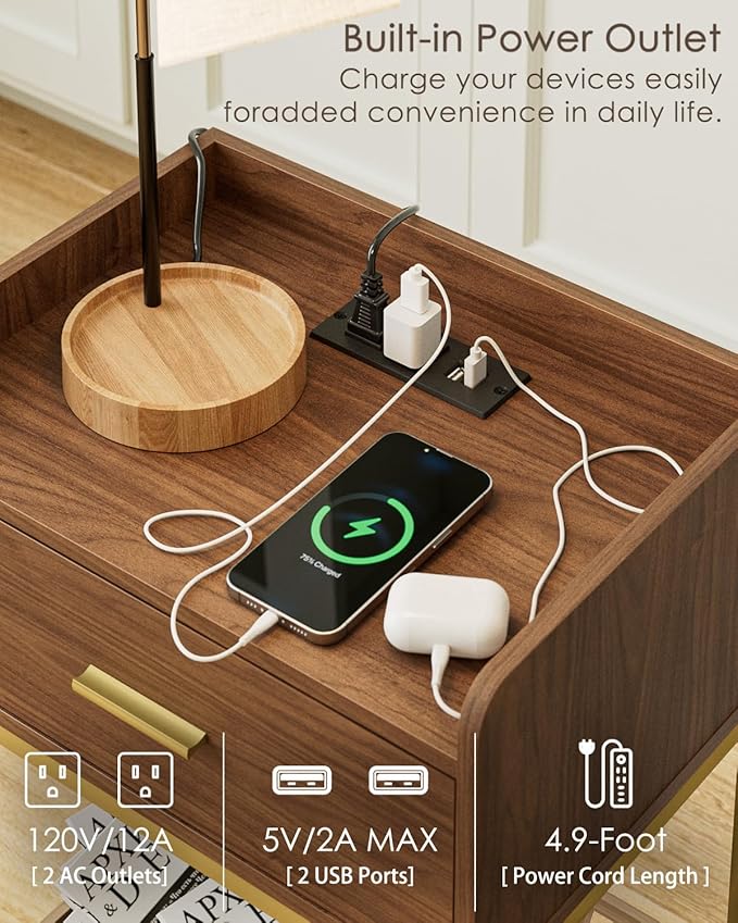 Masupu Nightstand with Charging Station, 3-Tier Modern Bedside Night Stand with Storage Drawer and Shelf, Small End Side Table for Bedroom, Living Room, Walnut