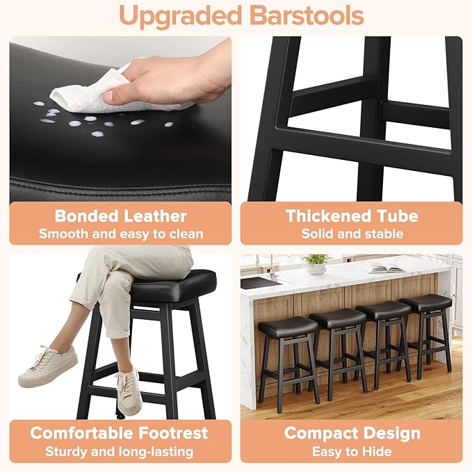 Raynesys 29 Inches Bar Stools Set of 2, Bar Height Barstools for Home Counter, Blackless Barstool with Bonded Leather Saddle Seats & Heavy Duty Metal Legs, Easy Assembly, All Black