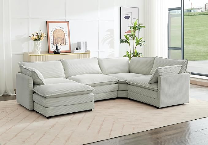 ROWHY 113'' Sectional Cloud Couch, 5 Seater Modular Corner L Shape Sofa Big Comfy Corduroy Oversized Couch with 2 Pillows Movable Ottoman, Deep Seat Sectional Couches for Living Room Office Light Grey | Pet-Friendly Fabric