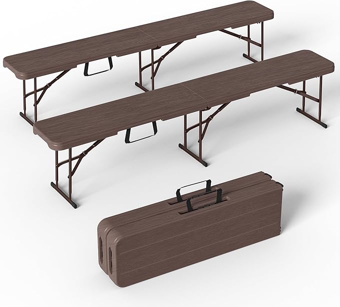 VSOAEIL 6 Foot Folding Bench, Portable Plastic Folding Bench Seat, Foldable Seat for Indoor Outdoor Picnic Camping Dining, Soccer Garden Multipurpose Entertaining Activities, Brown, 2 Pack