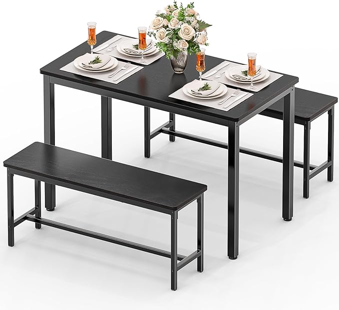 Dining Table Set for 4, Kitchen Table with 2 Benchs, Space Saving Dining Room Table Set for 4 Person, 3 Piece Office Table Set for Small Space, Breakfast Nook, Office, Apartment, Black
