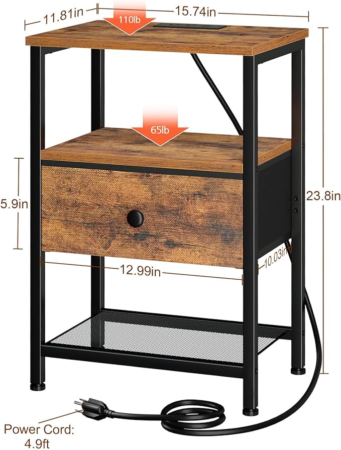 LOAKEKEL Night Stand, Nightstand with Charging Station, Slim Industrial Bedside Table with Fabric Drawer, Small End Table with USB & Type-C Ports for Bedroom, Brown, HETS010BR-1
