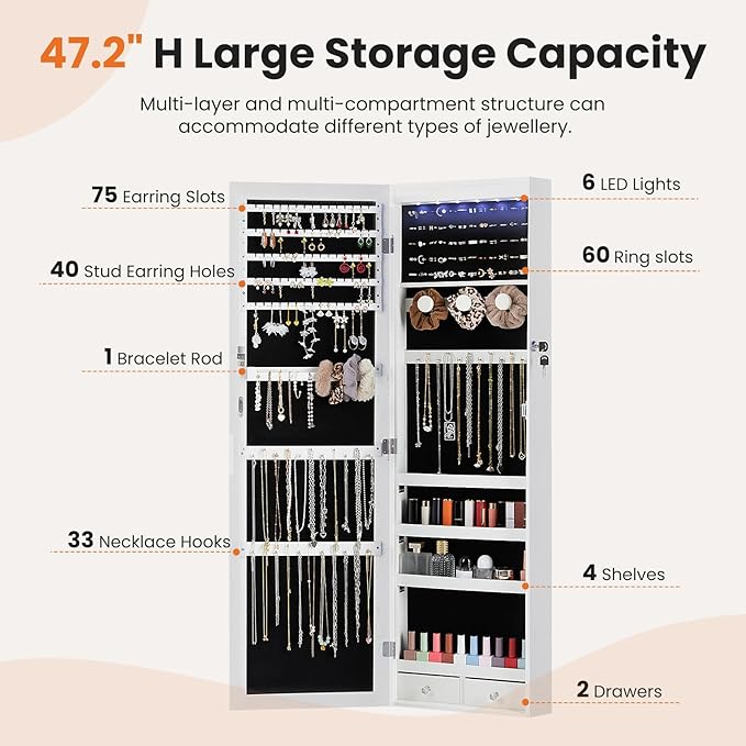 Elevon 6 LEDs Jewelry Cabinet Organizer, 47.2-inch Jewelry Armoire with Full-Length Mirror, Wall or Door Mounted Jewelry Storage, Lockable Large Capacity Storage, White