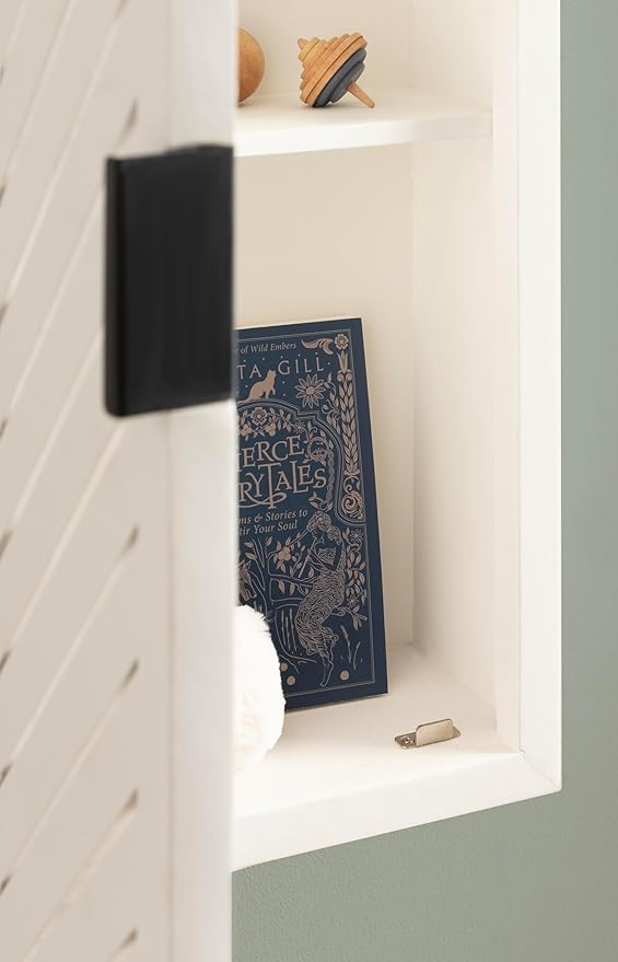 Kate and Laurel Mezzeta Decorative Modern One-Door Floating Bathroom Cabinet, 15 x 7 x 28, White, Decorative Over Toilet Storage Cabinet Made from Solid Mango Wood with Slatted Chevron Design
