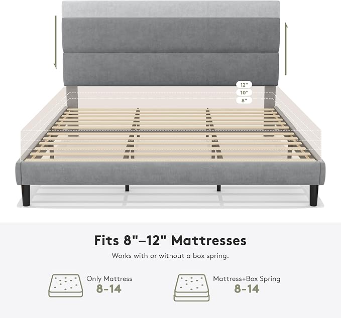 GRUSIGN King Size Platform Bed Frame with Velvet Headboard, Adjustable Height Wooden Slats Support, Upholstered Mattress Foundation, Fits Mattress or Mattress with Box Spring, Easy Assembly, Grey