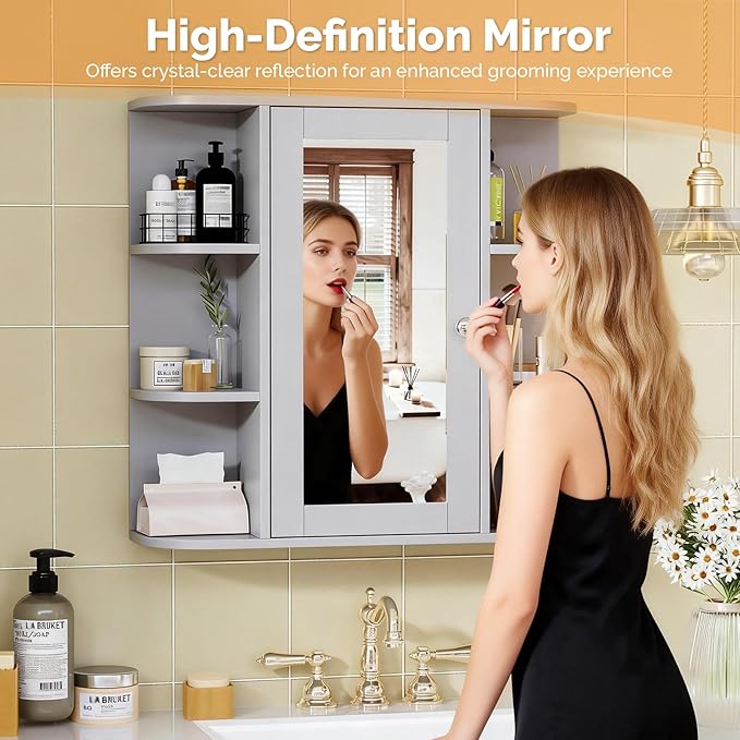 VINGLI Grey Mirror Medicine Cabinet Wall Mounted, Bathroom Storage Organizer Over Toilet with 6 Open Curved Shelves, Adjustable Vanity Cupboard with Single Door for Entryway & Living Room, Grey