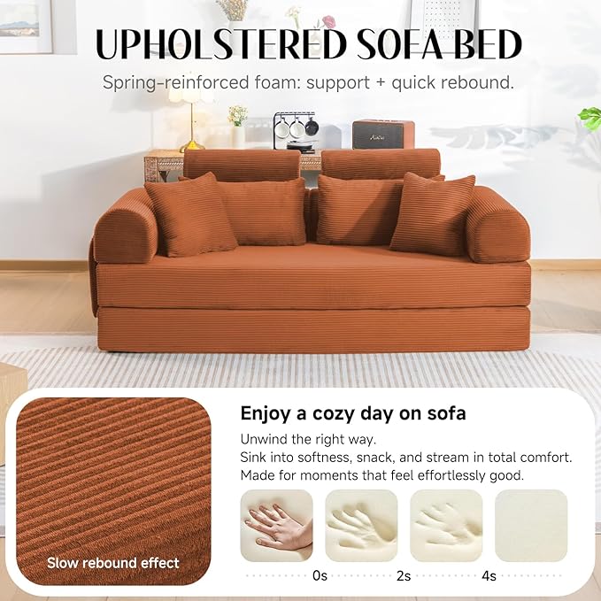 79" Convertible Boneless Couch for Small Spaces, 6-in-1 Corduroy Sofa Bed with High Backrest, Pillows, High-Density Foam Loveseat Sleeper Couch in a Box for Living Room, No Assembly, Orange