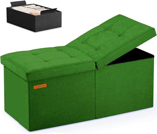 HAUSFRAU 31.5 Inches Ottoman with Storage Bench, Folding Ottoman Bench Small Foot Rest Stool, Bedroom Bench with Flipping Lid, Linen Green