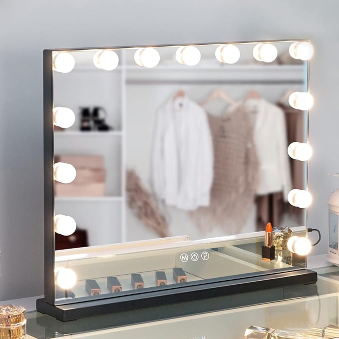 Hansong Black Vanity Mirror with Lights Large Hollywood Vanity Mirror with 15 LED Bulbs Lighted Makeup Mirror 3 Color Lighting Modes for Bedroom