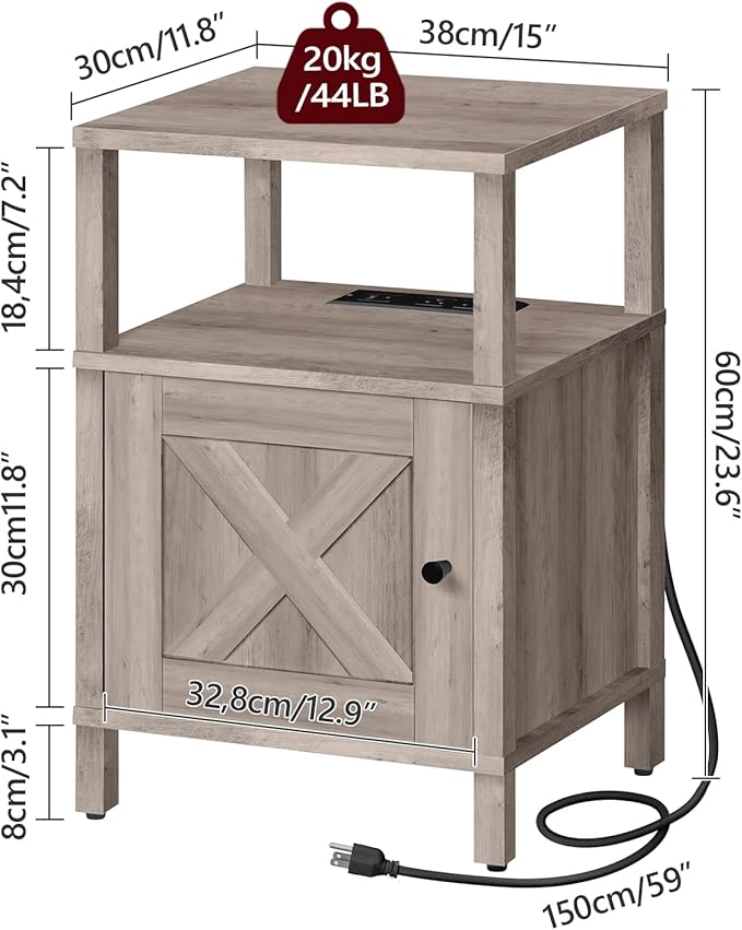MAHANCRIS Farmhouse Nightstand with Charging Station, Greige Bedside Table with USB & Type-C Ports, End Table with Storage Cabinet and Open Shelf, Modern Side Table for Bedroom, Grey ETGY96E01
