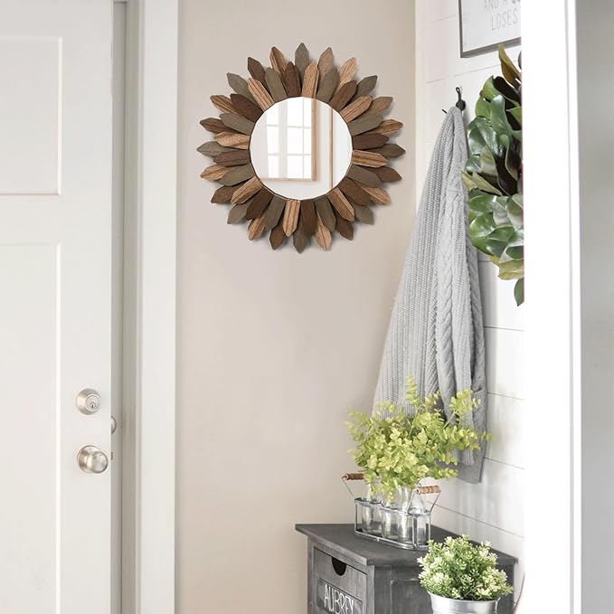 Honiway Boho Wall Decor Mirror 2 Pack 12 inch Rustic Wood Decorative Mirror for Room Decor Rustic Farmhouse Wall Decor for Bedroom Bathroom Living Room Entryway Tril Color