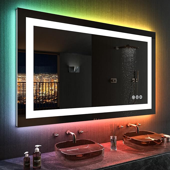 LOAAO 40”X30“ RGB LED Bathroom Mirror with Lights for Bathroom, Anti-Fog, Dimmable，Multiple Light Modes, RGB Backlit + Front Light, Memory Function, Tempered Glass