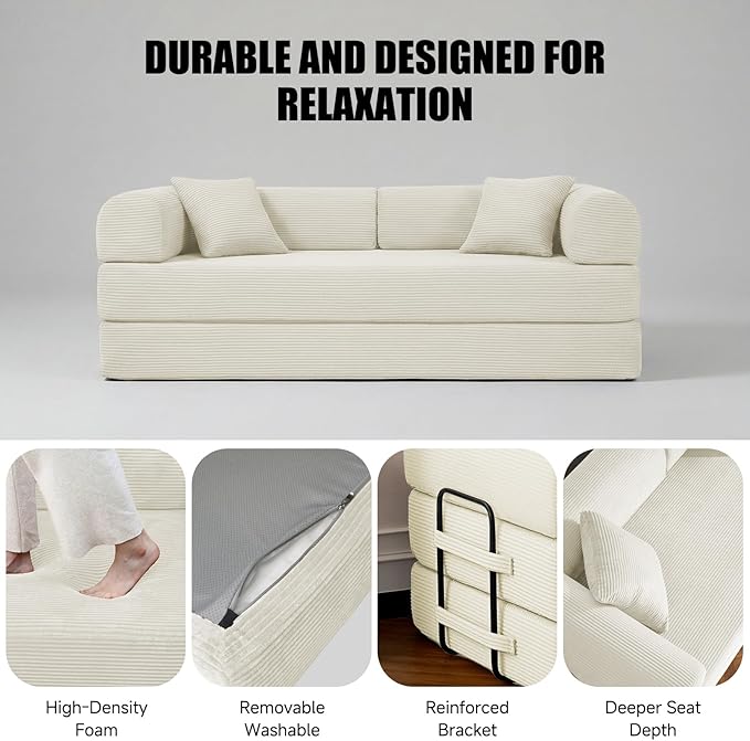 79" Compressed Sofa, Convertible Sofa Bed, Corduroy Compression Boneless Couch with Pillow, Comfy Modular Foldable Floor Sleeper Sofa for Bedroom, Living Room, Lounge, Studio (White)