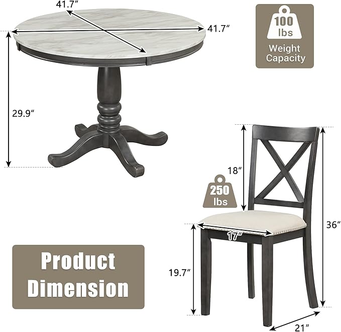 Harper & Bright Designs 5 Pieces Dining Table and Chairs Set for 4 Persons, Kitchen Room Solid Wood Table with 4 Chairs