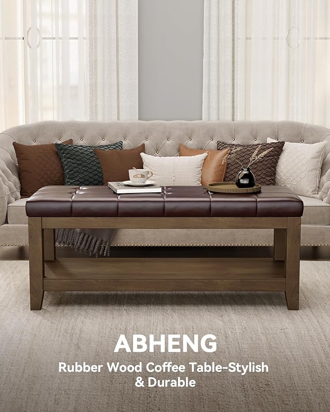 ABHENG Solid Rubber Wood Shoe Bench, Easy-Clean PU Upholstered Seat, 770LB Load, Space-Saving Storage for Entryway/Living Room, Easy Assembly, Vintage Style, 43.3"x15.7"x17.7", Brown, UASND65R