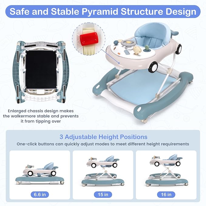 Baby Walker, 5-in-1 Baby Walker for Boys and Girls with Bouncer, Removable Footrest, Music, Foldable & Adjustable Speed Wheels Activity Walker for 6-18 Months Toddler Infant(Haze Blue)