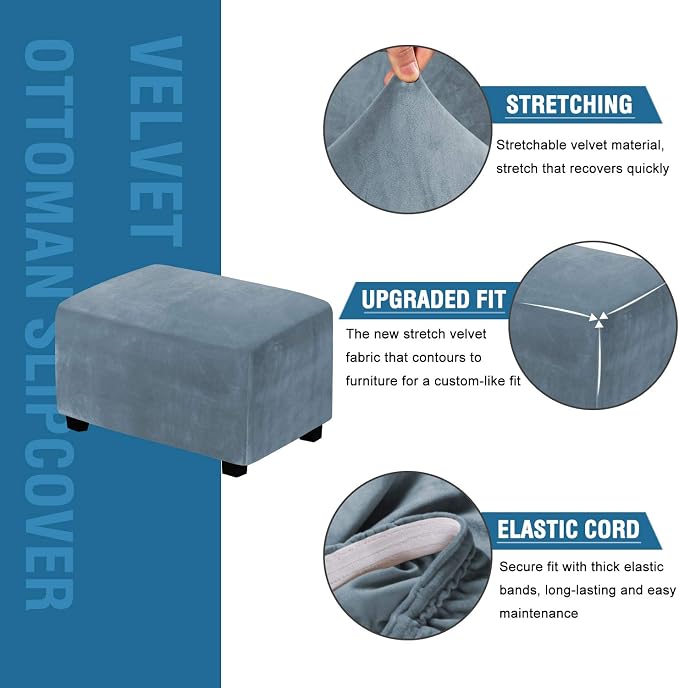 H.VERSAILTEX Real Velvet Plush 1 Piece Form Fit Stretch Rectangle Folding Storage Covers Ottoman Slipcovers Removable Footstool Protect Footrest Covers Elastic Bottom Washable(Large, Stone Blue)