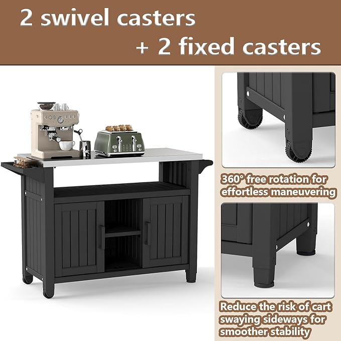 EasyUp Outdoor Storage Cabinet,Patio Storage Table, Bar Table with Wheels,Outdoor Bar Cart for Patio, Poolside and Backyard,Classic Black