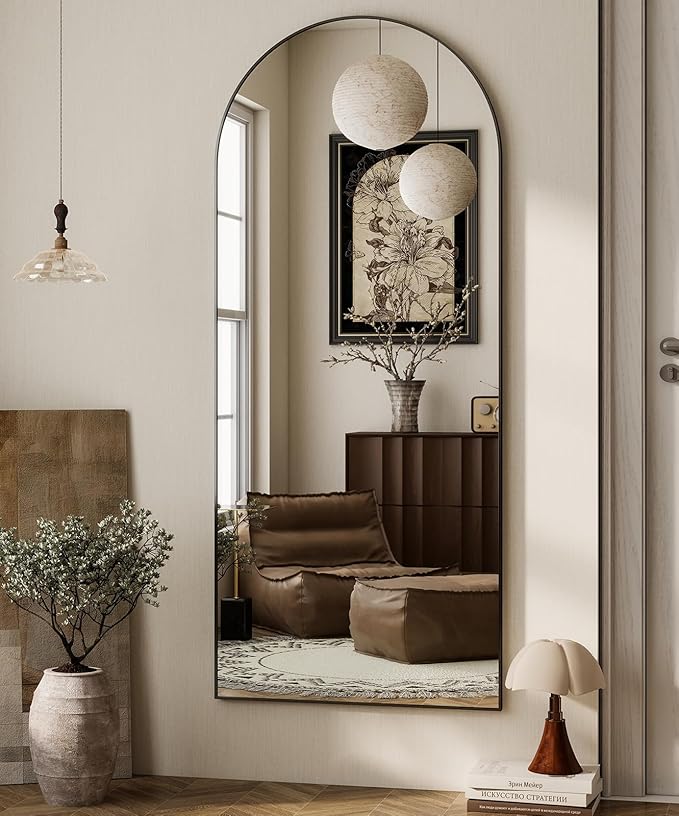 HARRITPURE 64"x21" Full Length Mirror, Arched Full Mirror, Free Standing Leaning Wall-Mounted Mirror Aluminum Frame Modern Mirrors for Living Room Bedroom Cloakroom, Black