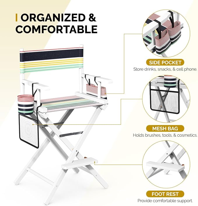 OmySalon 26" H Tall Directors Chair, Wooden Portable Folding Makeup Chair w/Storage Pouch & Footrest, Professional for Salon/Events/Mobile Services, 250lb Capacity, Striped Canvas & White Frame