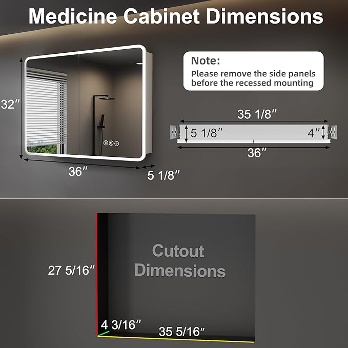 Medicine Cabinet with LED Lights and Mirror, 36 x 32 Inch Surface or Recessed Mounted Bathroom Cabinets with Door, Defogger, Memory Function, 3-Color Mode, Outlet&USB, Dimmer, Storage