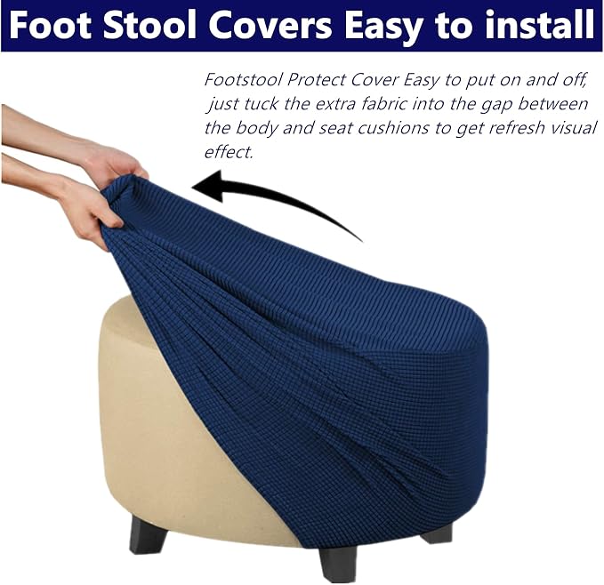 Stretch Ottoman Slipcover – Round Furniture Protector Fits 30"-41" Dia, for Footrests, Storage Ottomans & Folding Stools – Elastic Fabric Cover (Navy, X-Large)