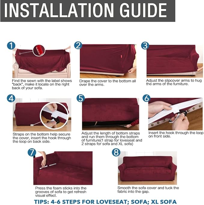 Velvet Stretch Sofa Slipcover 1-Piece Couch Sofa Cover Furniture Protector Soft with Elastic Bottom for Kids, Spandex Stretchy Fabric (Burgundy, Sofa)