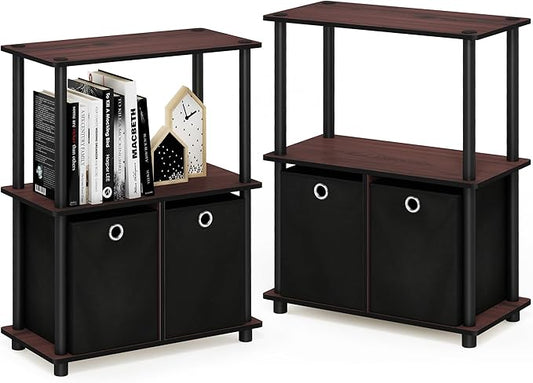 Furinno TURN-N-TUBE Storage Shelves Set of 2, 3-Tier Toolless Book Shelf with Storage Bins, Display Shelf, for Organization and Storage, Living Room, Garage, Home Office, Dark Cherry
