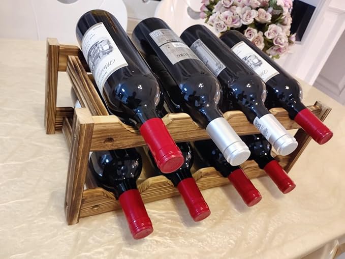 8 Bottle Wooden Wine Rack, 2 Tier Countertop Wine Storage Rack, Carbonized Pine Wood Freestanding Wine Organizer Holder for Kitchen Counter, Bar, Cabinet, Dining Room