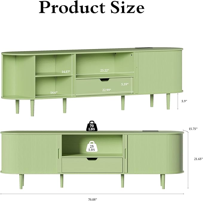 DHH 71" Fluted TV Stand with Power Outlet for TVs up to 80", TV Console with Adjustable Shelves and Sliding Door,Mid Century Modern Entertainment Center for Living Room,Bedroom (Green, 71Inch)