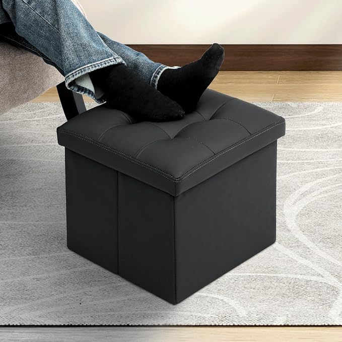 MoNiBloom Folding Storage Ottoman Cube, 15 Inches Small Ottoman with Storage, Footstool Rest Padded Seat for Living Room, Bedroom, Entryway, Hallway, Black